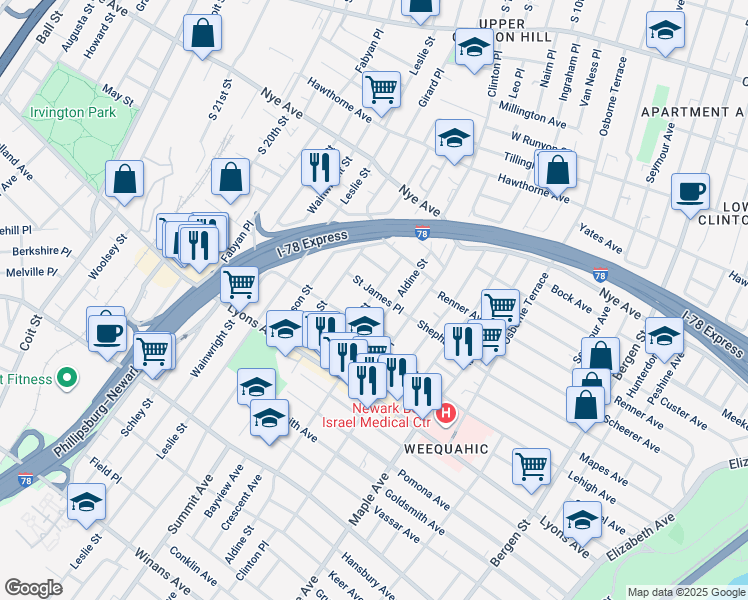 map of restaurants, bars, coffee shops, grocery stores, and more near 36 Saint James Place in Newark