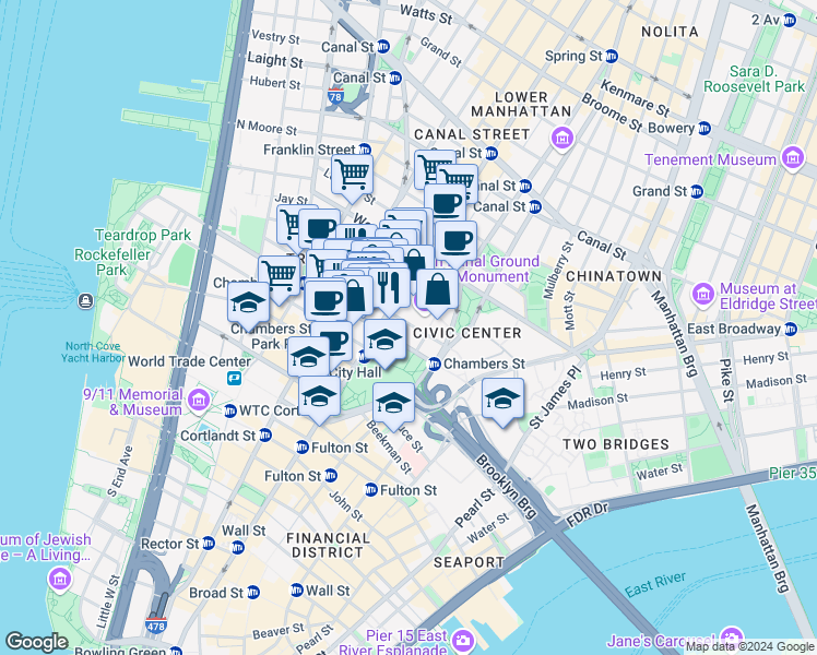 map of restaurants, bars, coffee shops, grocery stores, and more near 29 Reade Street in New York