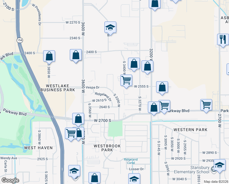 map of restaurants, bars, coffee shops, grocery stores, and more near 2587 Vespa Drive in West Valley City