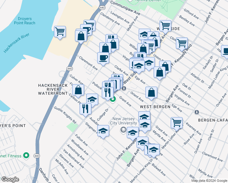 map of restaurants, bars, coffee shops, grocery stores, and more near 355 West Side Avenue in Jersey City