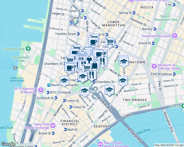 map of restaurants, bars, coffee shops, grocery stores, and more near 22 Reade Street in New York