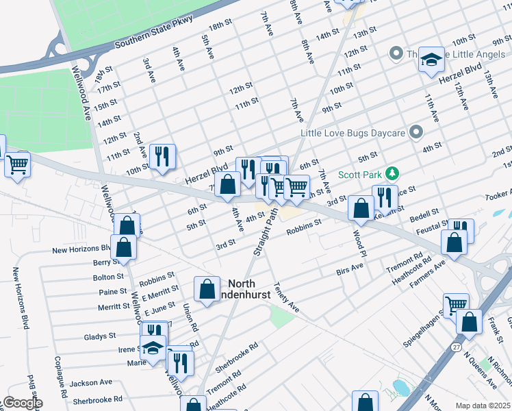 map of restaurants, bars, coffee shops, grocery stores, and more near 720 New York 109 in Lindenhurst