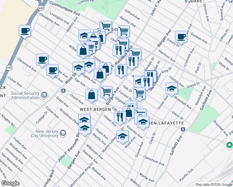map of restaurants, bars, coffee shops, grocery stores, and more near in Jersey City
