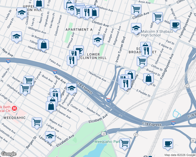 map of restaurants, bars, coffee shops, grocery stores, and more near 114 Hawthorne Avenue in Newark