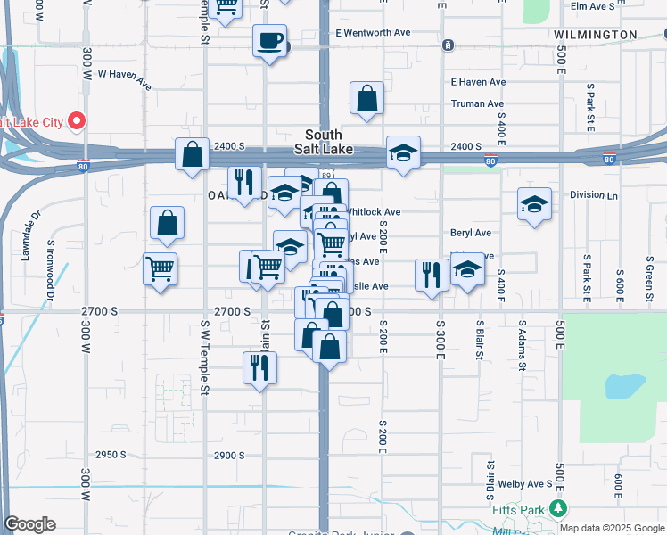 map of restaurants, bars, coffee shops, grocery stores, and more near 2583 State Street in South Salt Lake
