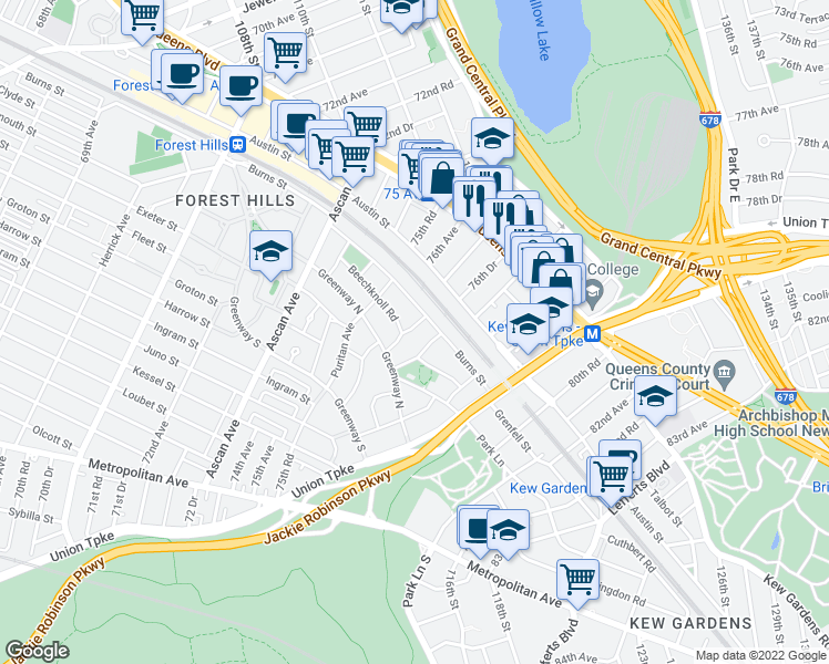 map of restaurants, bars, coffee shops, grocery stores, and more near 2-97 Burns Street in Queens