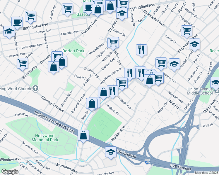 map of restaurants, bars, coffee shops, grocery stores, and more near 20 Berkley Street in Maplewood