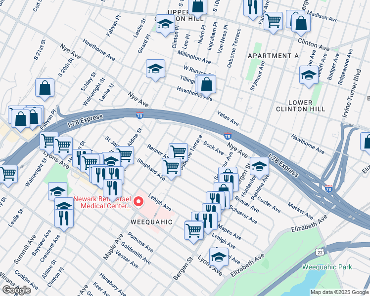 map of restaurants, bars, coffee shops, grocery stores, and more near 92 Huntington Terrace in Newark