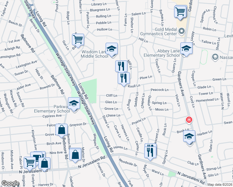 map of restaurants, bars, coffee shops, grocery stores, and more near 57 Cliff Lane in Levittown