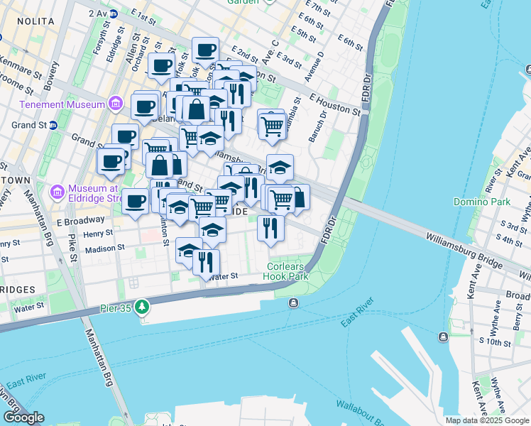 map of restaurants, bars, coffee shops, grocery stores, and more near 540 Henry Street in New York