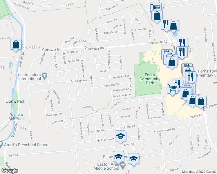 map of restaurants, bars, coffee shops, grocery stores, and more near 1012 Greenleaf Street in Easton
