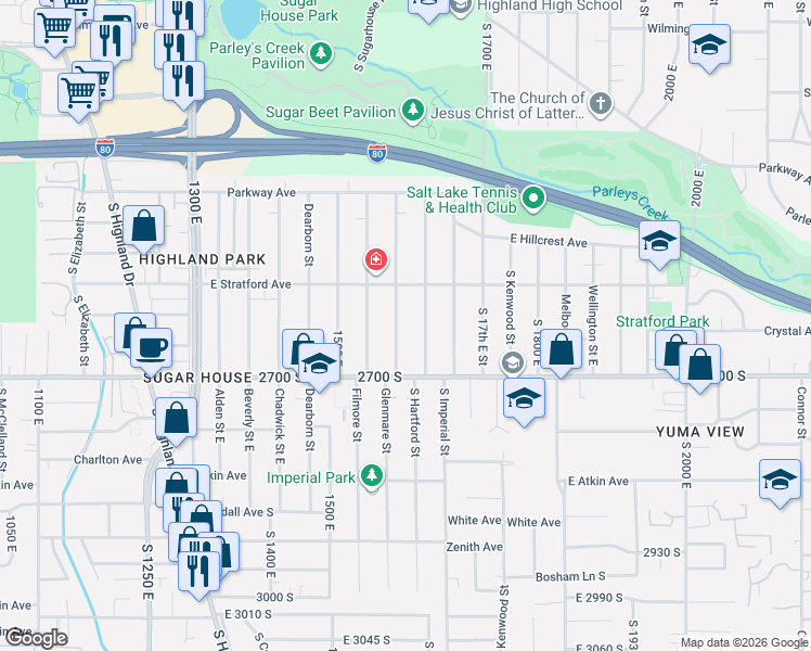 map of restaurants, bars, coffee shops, grocery stores, and more near 2642 South Hartford Street in Salt Lake City