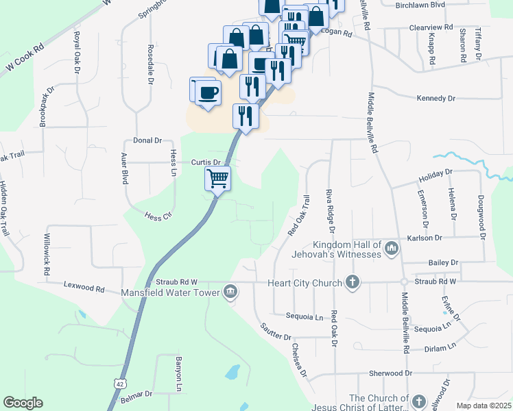 map of restaurants, bars, coffee shops, grocery stores, and more near 1665 Executive Drive in Mansfield