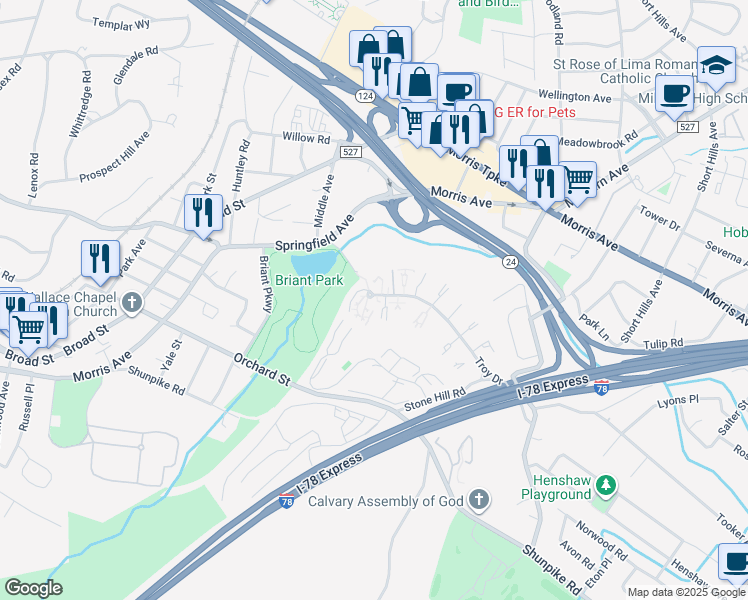 map of restaurants, bars, coffee shops, grocery stores, and more near 1B Troy Drive in Springfield