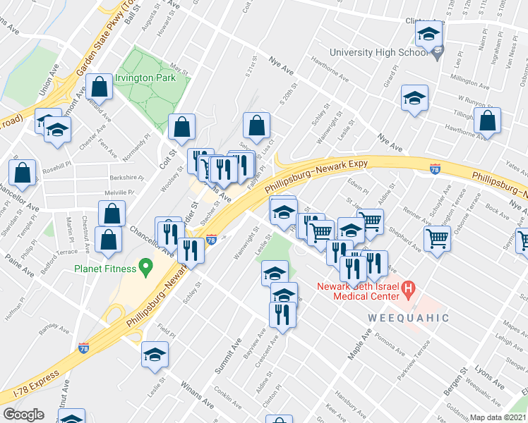 map of restaurants, bars, coffee shops, grocery stores, and more near 195 Wainwright Street in Newark