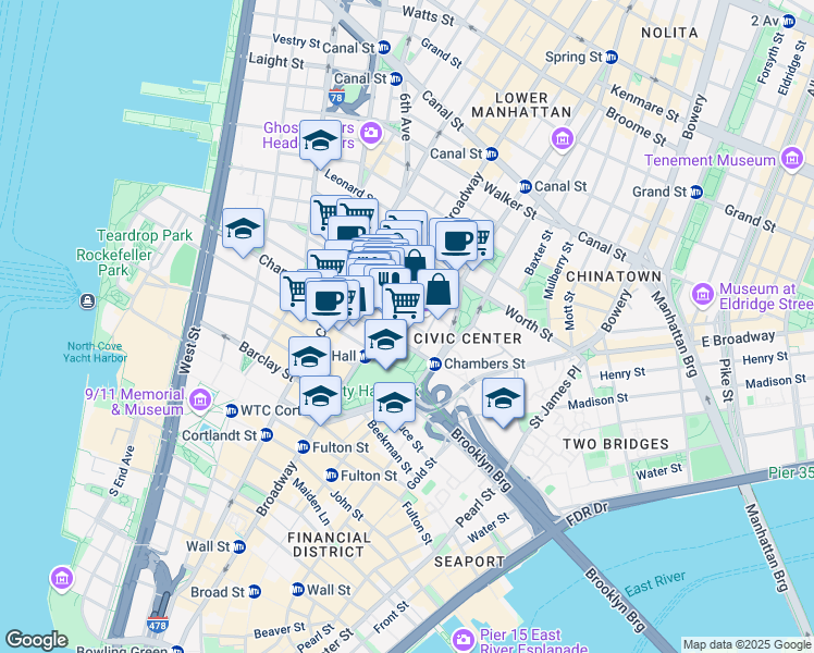map of restaurants, bars, coffee shops, grocery stores, and more near 35 Reade Street in New York