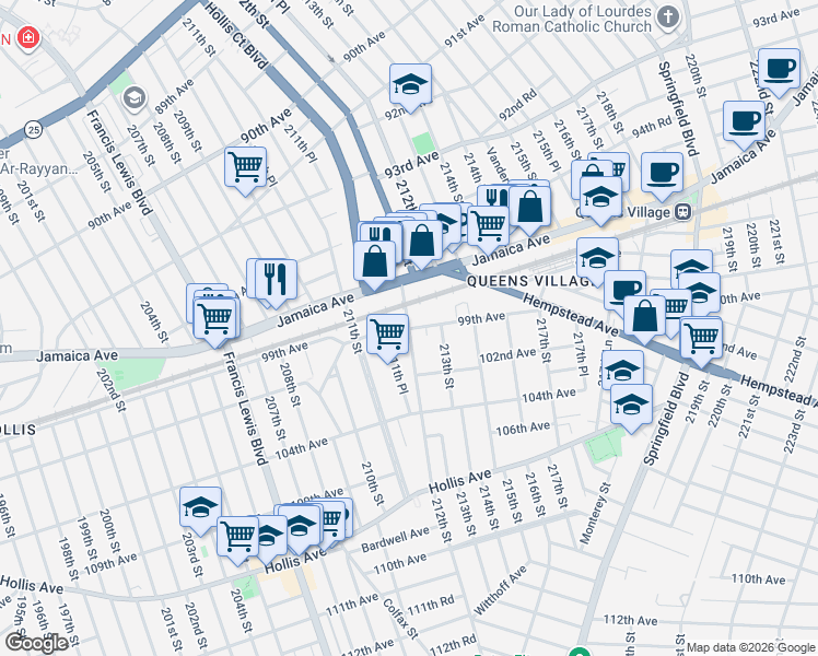 map of restaurants, bars, coffee shops, grocery stores, and more near 211-37 99th Avenue in Queens