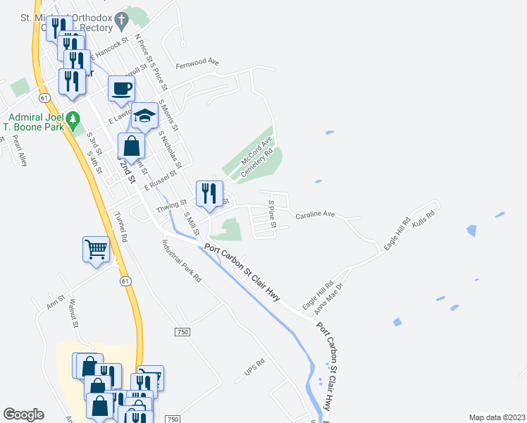map of restaurants, bars, coffee shops, grocery stores, and more near 54 Caroline Avenue in Pottsville
