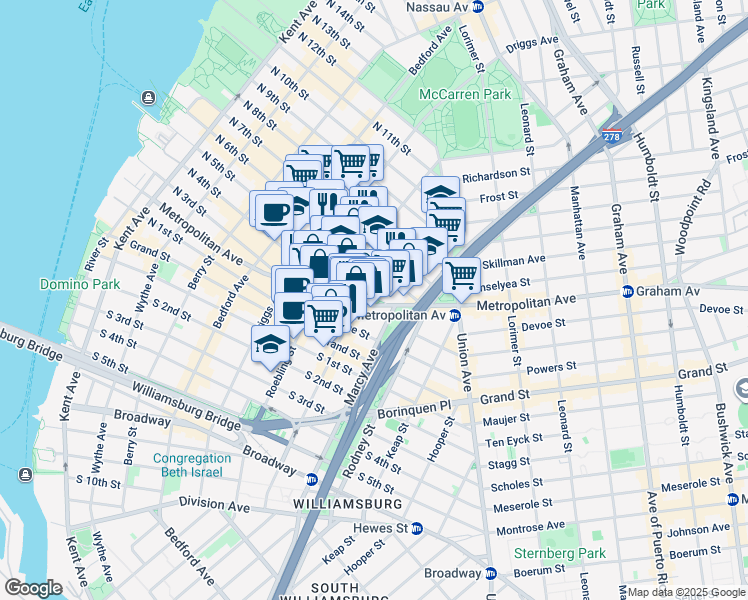 map of restaurants, bars, coffee shops, grocery stores, and more near 362 Metropolitan Avenue in Brooklyn