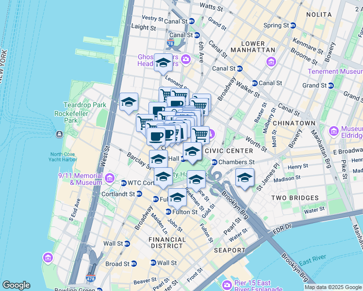 map of restaurants, bars, coffee shops, grocery stores, and more near 277 Broadway in New York