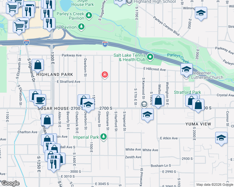 map of restaurants, bars, coffee shops, grocery stores, and more near 2654 South Hartford Street in Salt Lake City