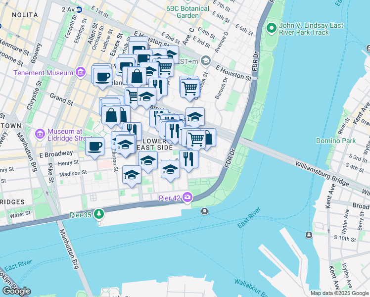 map of restaurants, bars, coffee shops, grocery stores, and more near 358 Henry Street in New York