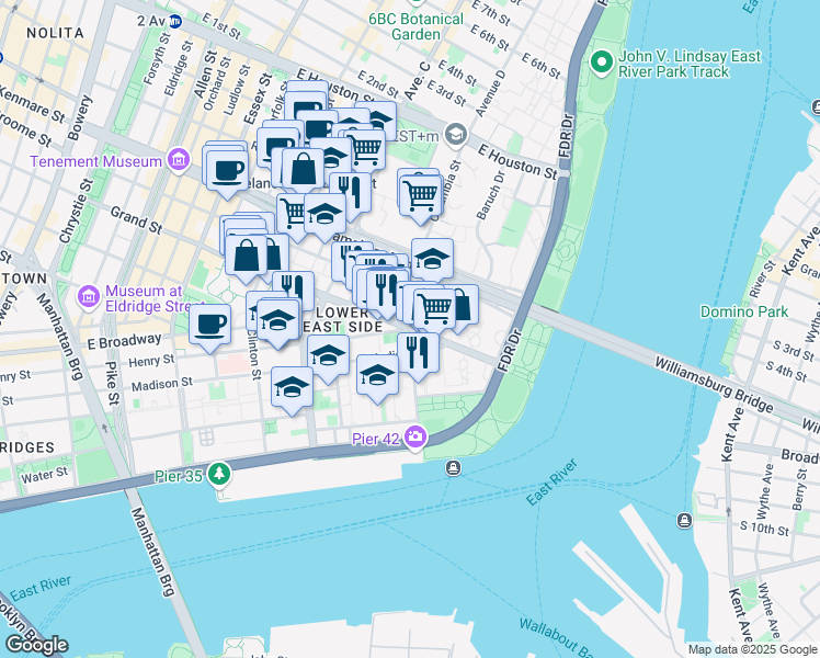 map of restaurants, bars, coffee shops, grocery stores, and more near 525 Henry Street in New York