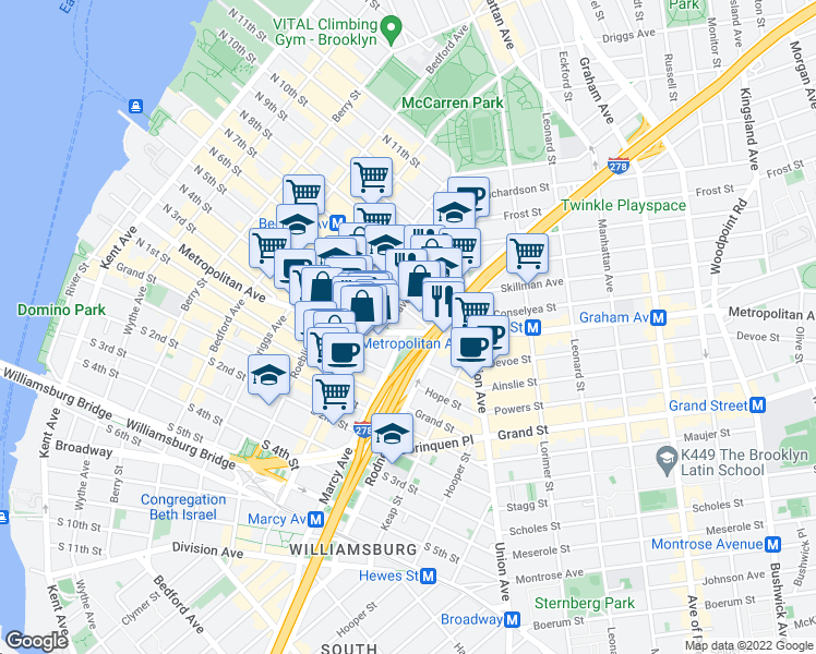 map of restaurants, bars, coffee shops, grocery stores, and more near 69 Havemeyer Street in Brooklyn