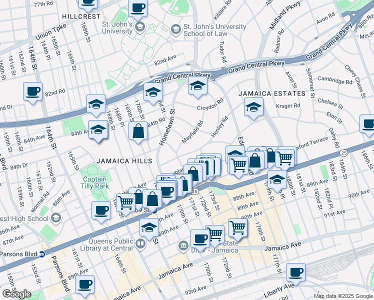 map of restaurants, bars, coffee shops, grocery stores, and more near 172-27 Henley Road in Queens