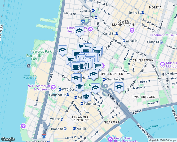 map of restaurants, bars, coffee shops, grocery stores, and more near 277 Broadway in New York