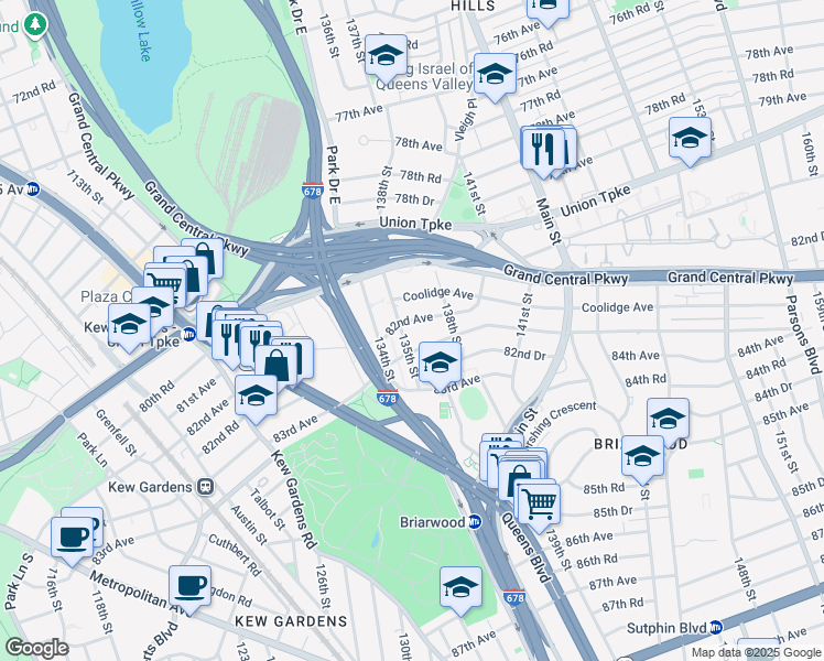 map of restaurants, bars, coffee shops, grocery stores, and more near 135-08 82nd Avenue in Queens