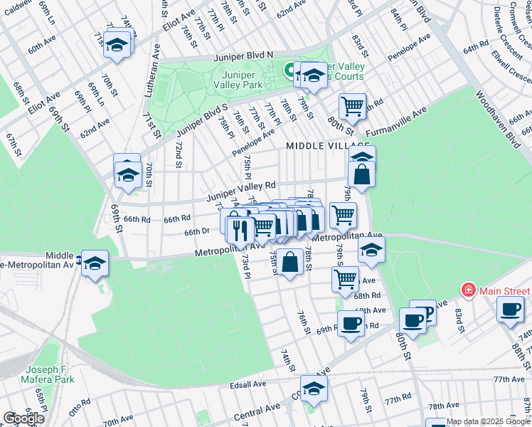 map of restaurants, bars, coffee shops, grocery stores, and more near 66-43 75th Street in Queens