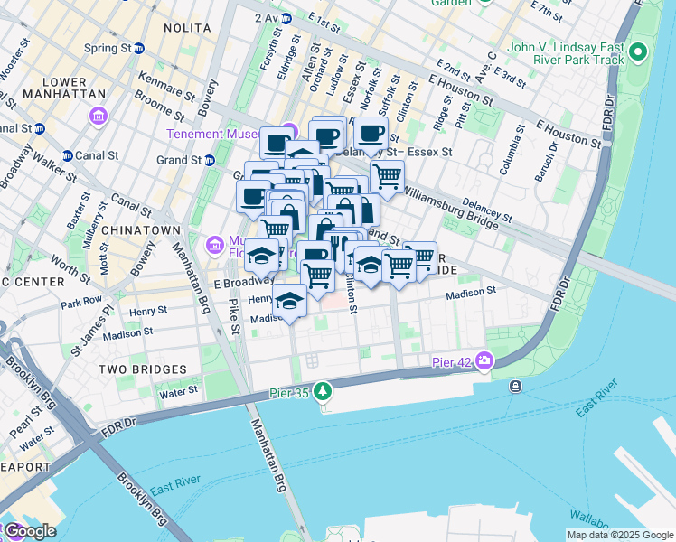 map of restaurants, bars, coffee shops, grocery stores, and more near 212 East Broadway in New York
