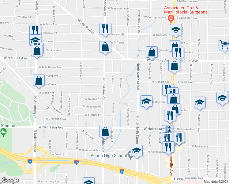map of restaurants, bars, coffee shops, grocery stores, and more near 2202 North Ellis Street in Peoria