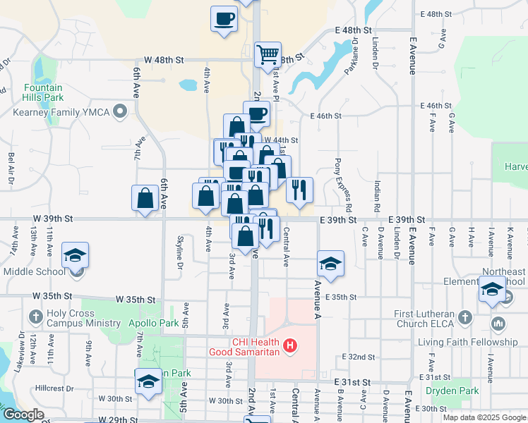 map of restaurants, bars, coffee shops, grocery stores, and more near 3905 2nd Avenue in Kearney