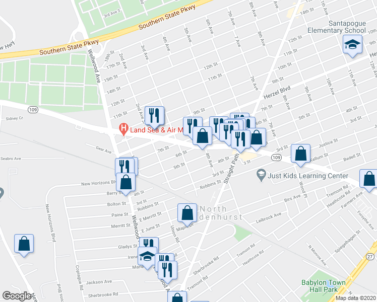 map of restaurants, bars, coffee shops, grocery stores, and more near 321 6th Street in Lindenhurst