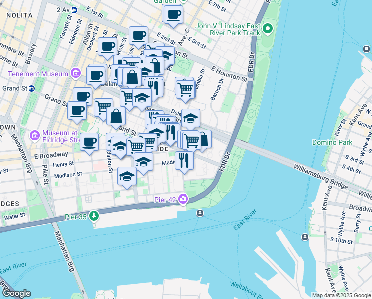map of restaurants, bars, coffee shops, grocery stores, and more near 550H Grand Street in New York