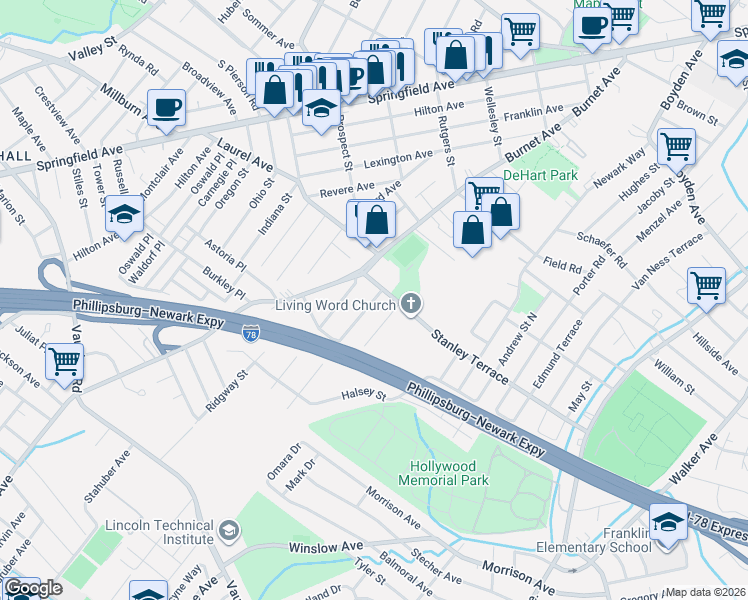 map of restaurants, bars, coffee shops, grocery stores, and more near 2221 Stanley Terrace in Union