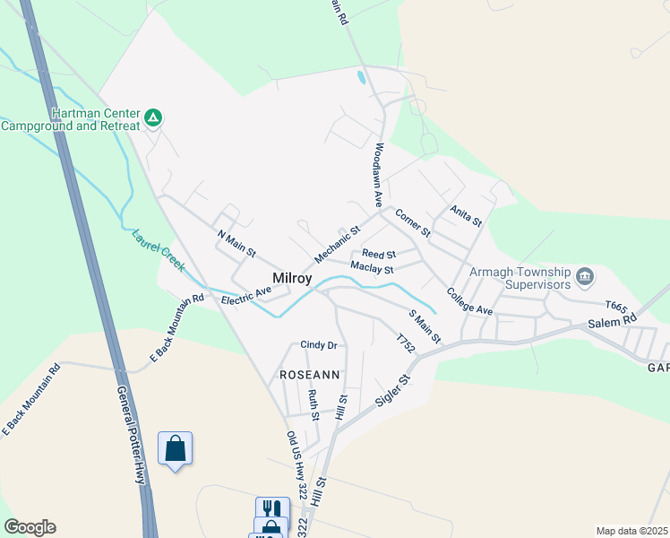 map of restaurants, bars, coffee shops, grocery stores, and more near 20 Maclay Street in Milroy