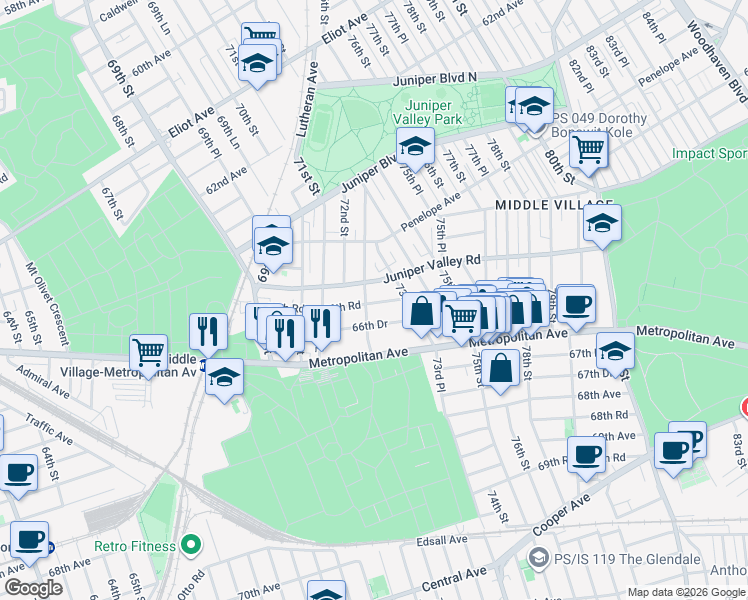 map of restaurants, bars, coffee shops, grocery stores, and more near 72-16 Juniper Valley Road in Queens