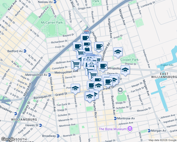 map of restaurants, bars, coffee shops, grocery stores, and more near 752 Metropolitan Avenue in Brooklyn