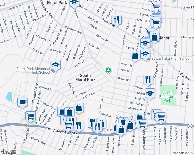 map of restaurants, bars, coffee shops, grocery stores, and more near 459 Louis Avenue in South Floral Park