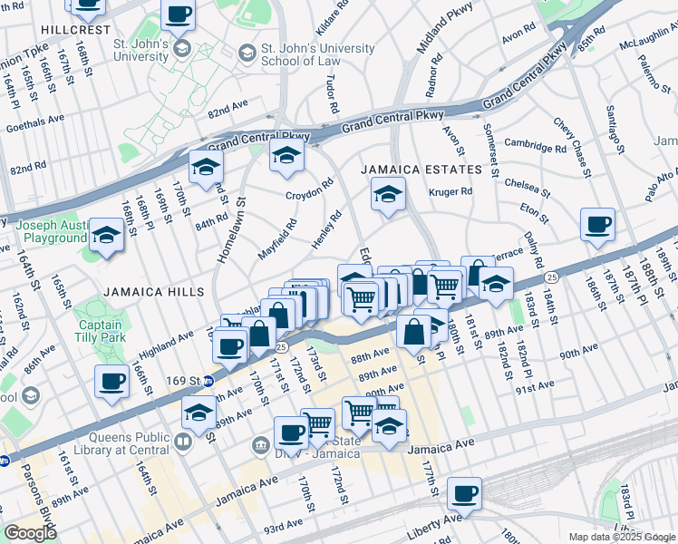 map of restaurants, bars, coffee shops, grocery stores, and more near 17551 Dalny Road in Queens