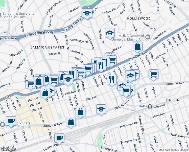 map of restaurants, bars, coffee shops, grocery stores, and more near 186-06 Hillside Avenue in Queens