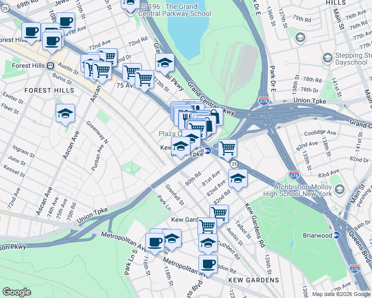 map of restaurants, bars, coffee shops, grocery stores, and more near 78-20 Kew Forest Lane in Queens