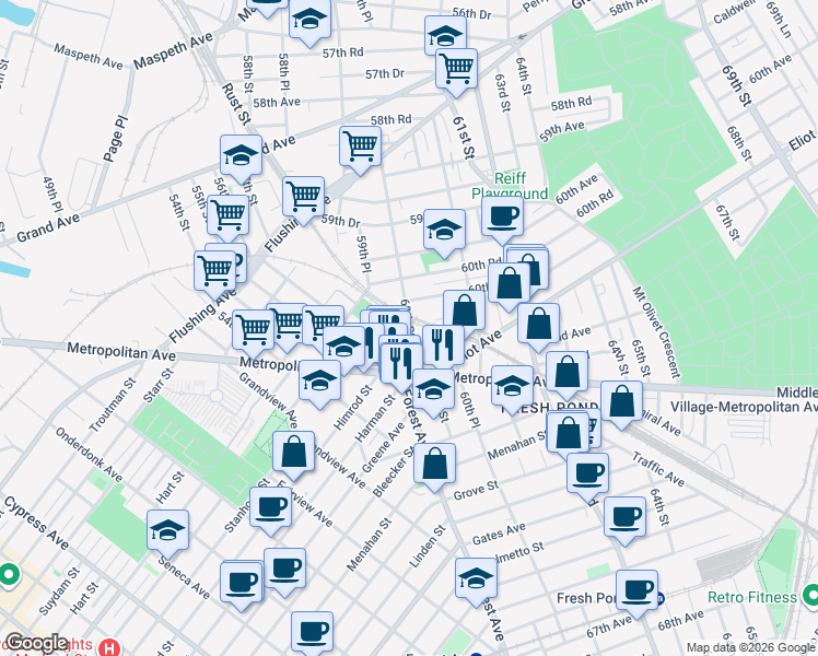 map of restaurants, bars, coffee shops, grocery stores, and more near 6020 60th Drive in Queens