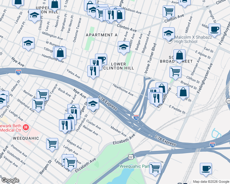 map of restaurants, bars, coffee shops, grocery stores, and more near 358 Peshine Avenue in Newark