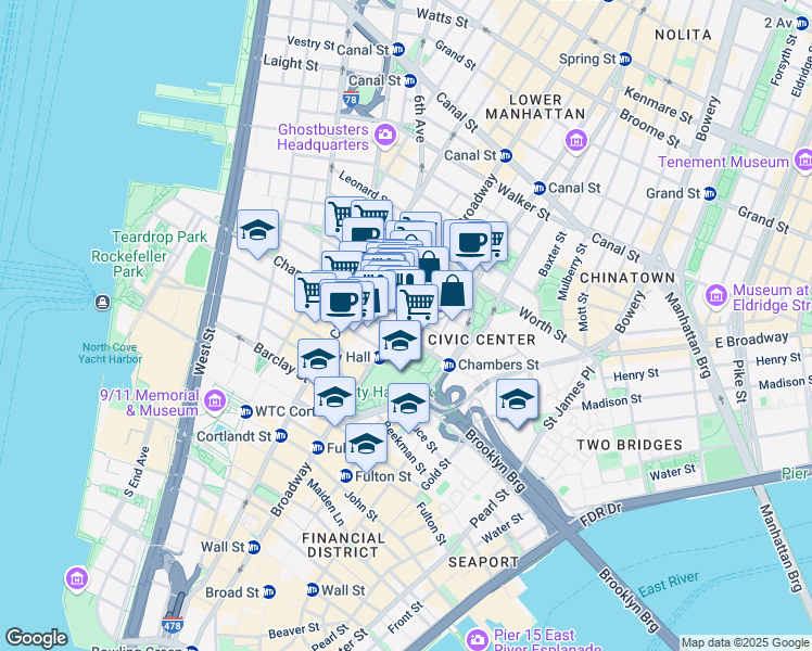 map of restaurants, bars, coffee shops, grocery stores, and more near 280 Broadway in New York