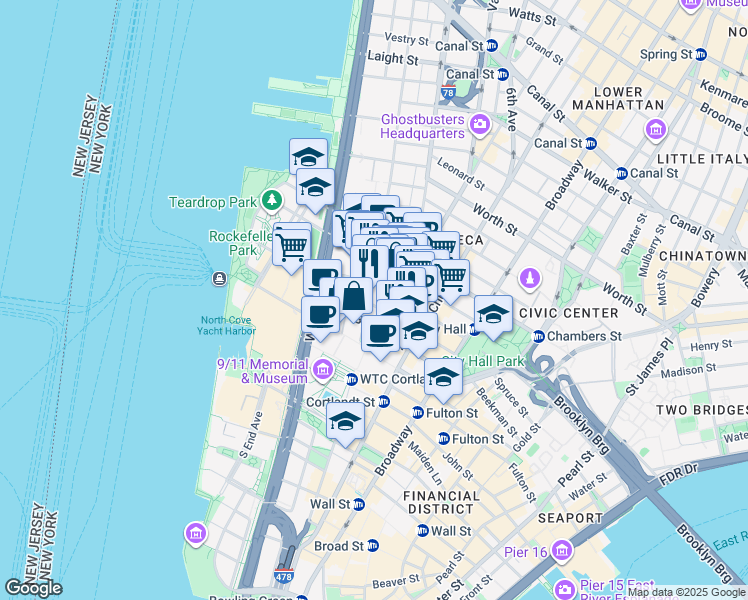 map of restaurants, bars, coffee shops, grocery stores, and more near 255 Greenwich Street in New York