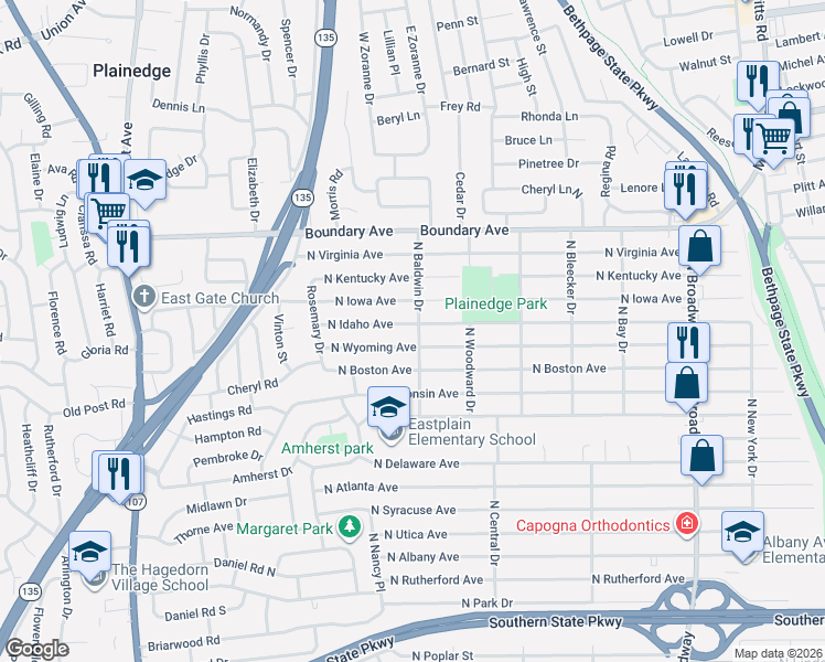 map of restaurants, bars, coffee shops, grocery stores, and more near 310 North Baldwin Drive in Massapequa